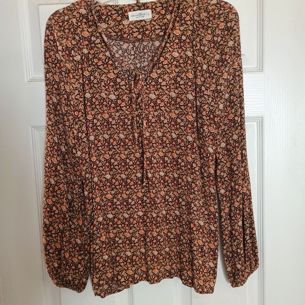 NATURAL LIFE Brown Floral Tie-Front Long Sleeve Top with Orange Accents